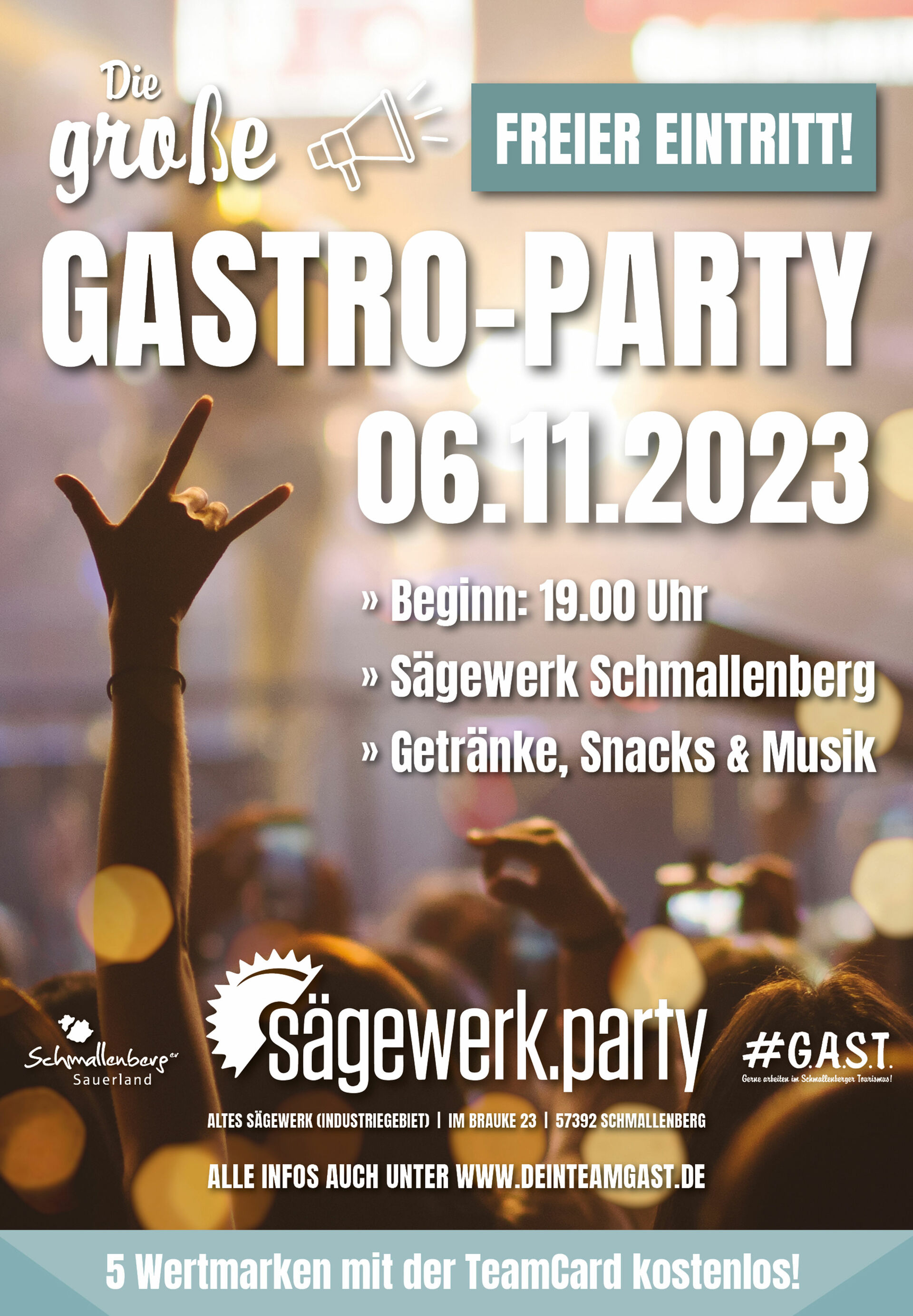 Plakat mit Informationen zur Gastroparty am 6. November 2023